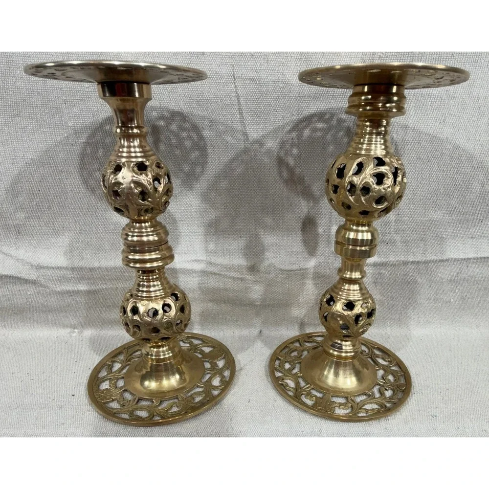 Vintage Brass Openwork Lattice Candlestick Holders Ornate Pierced Set of 2 9in